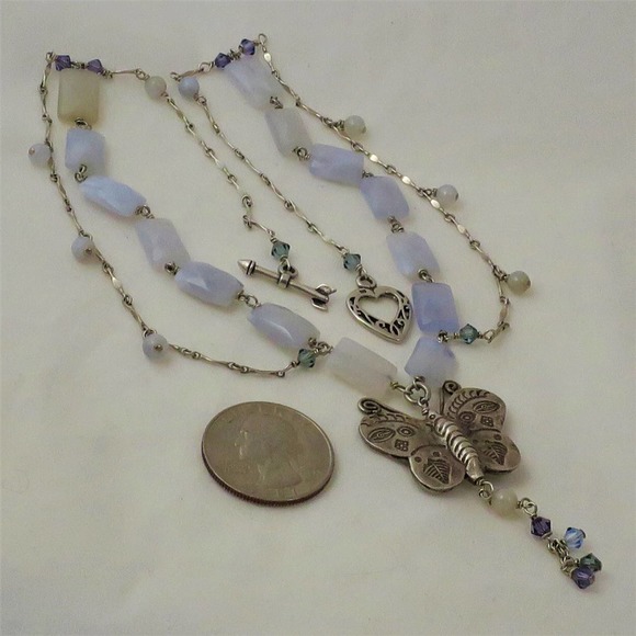 Sterling Butterfly Necklace Regencycore Blue Agate Mariposa Fantasy - Picture 7 of 8